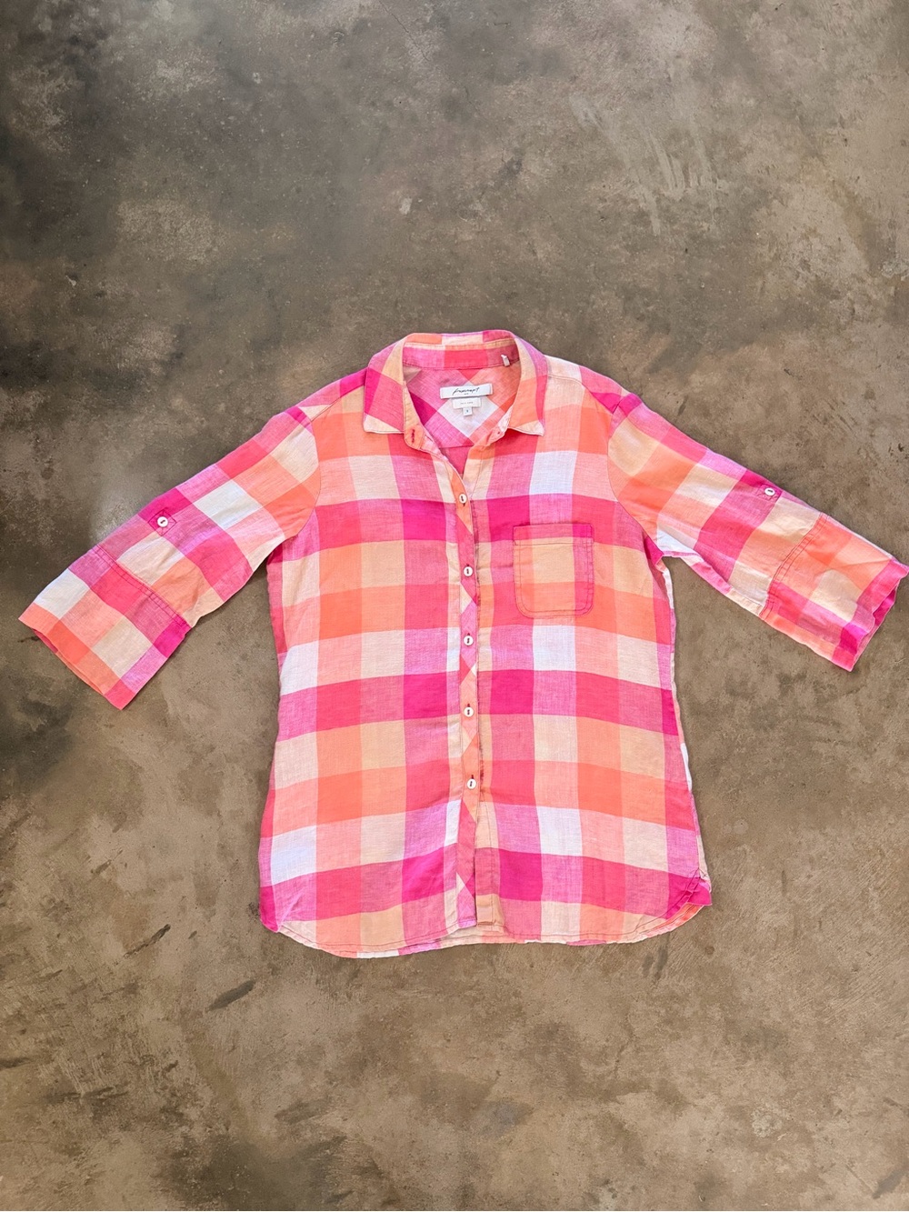 Foxcroft 100% Linen Pink Orange Plaid Button Up Tunic Size 8